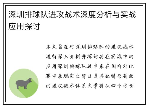 深圳排球队进攻战术深度分析与实战应用探讨